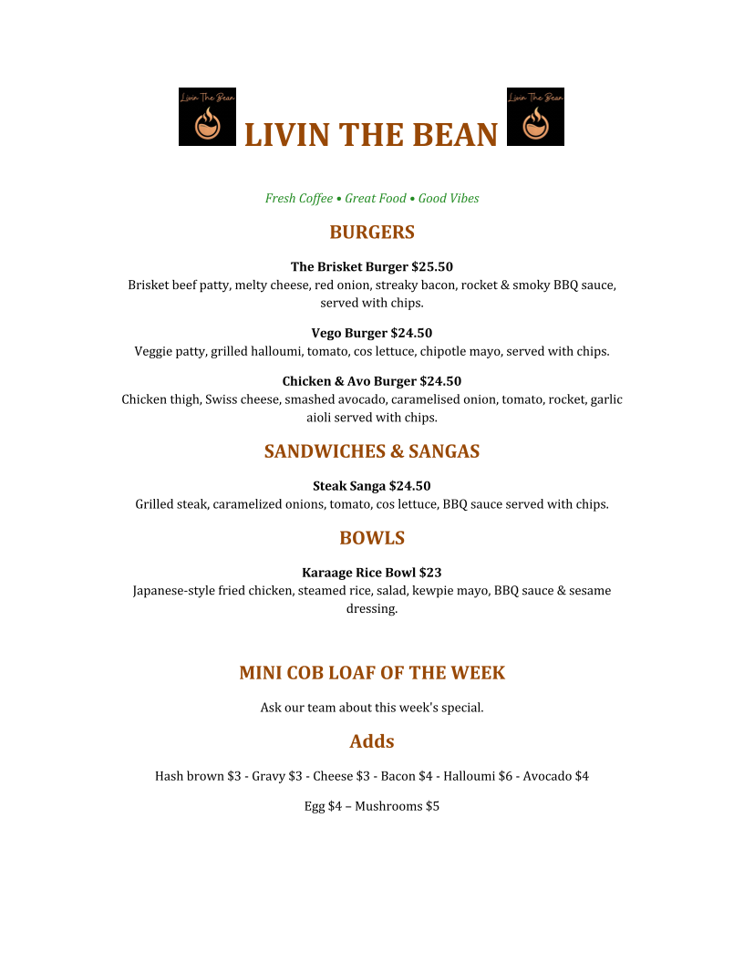 Menu, Livin The Bean cafe