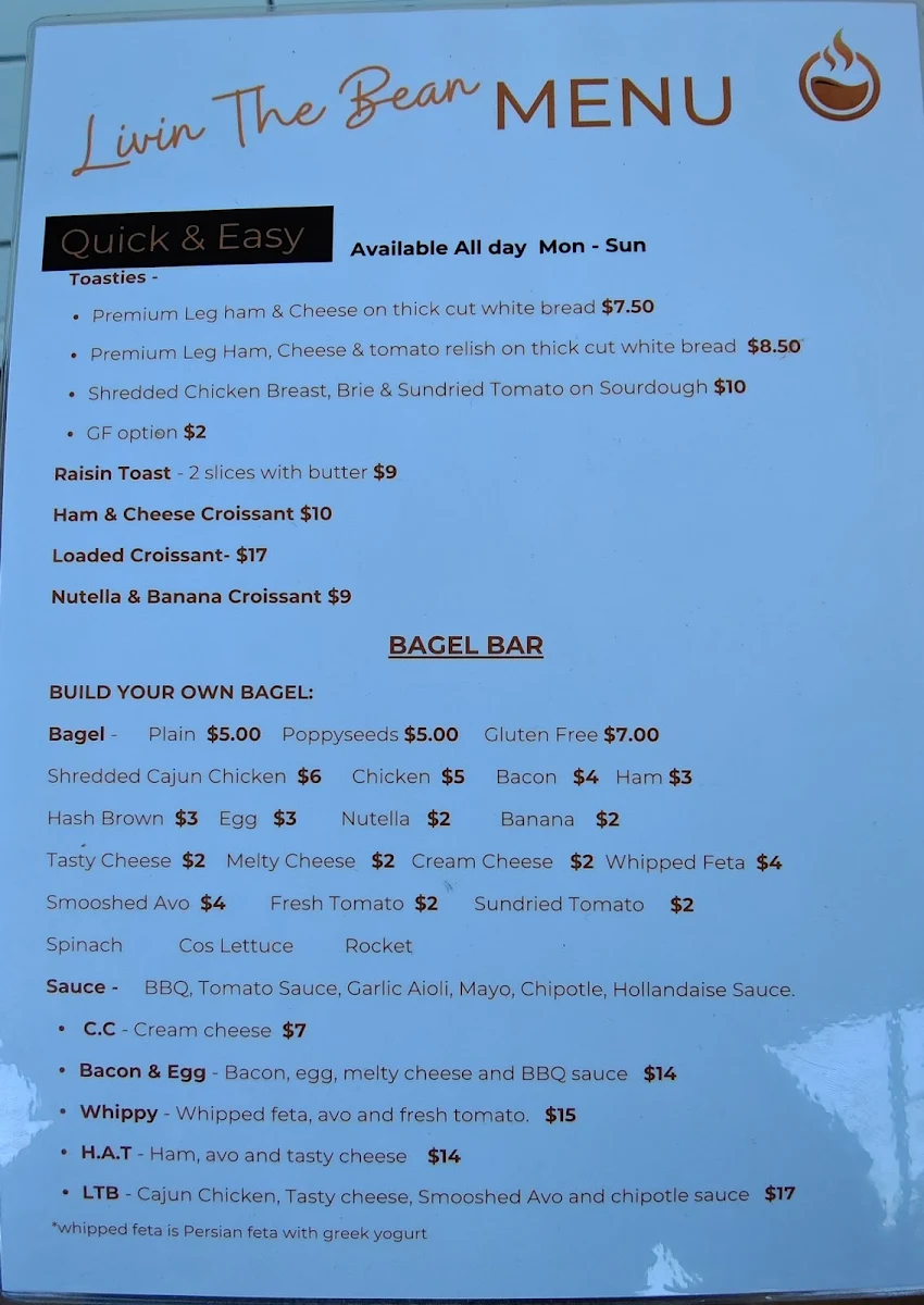Menu, Livin The Bean cafe