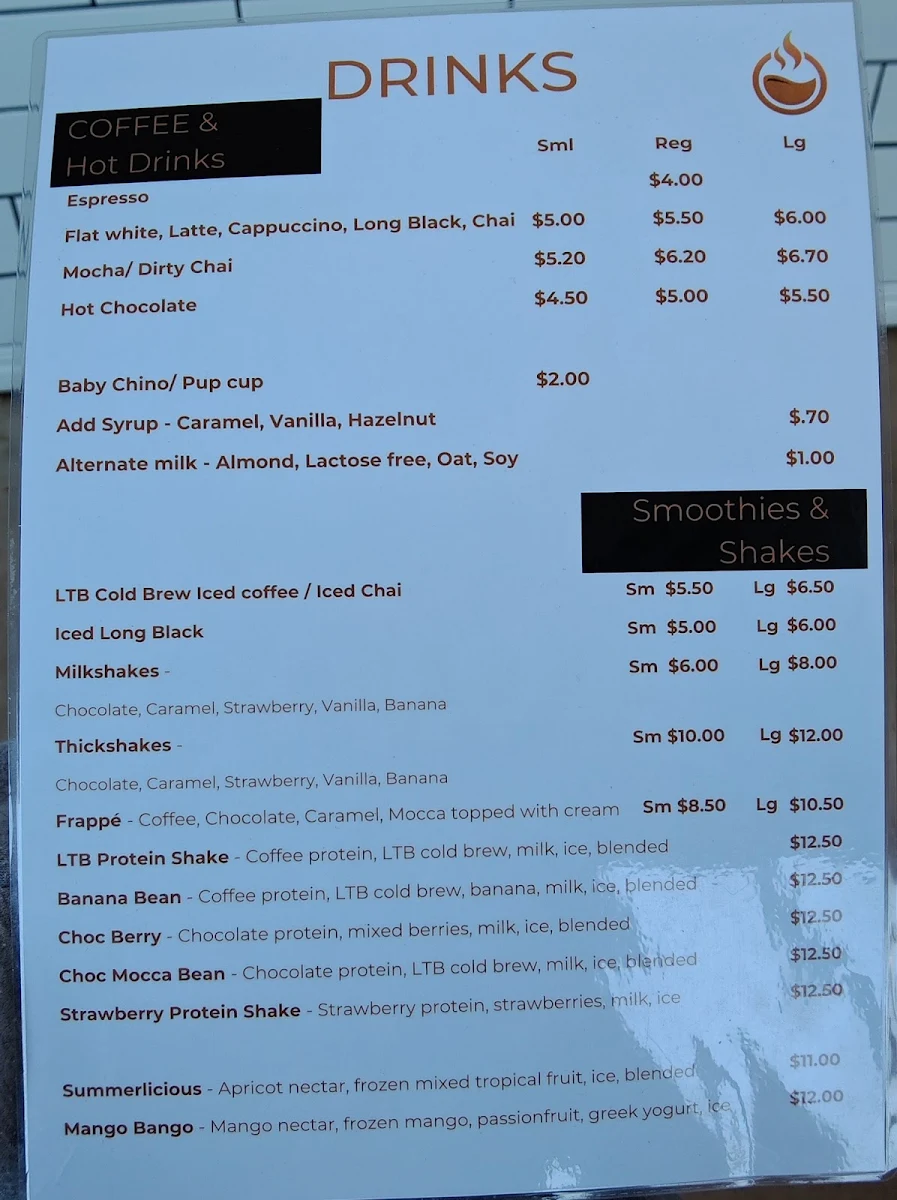 Menu, Livin The Bean cafe