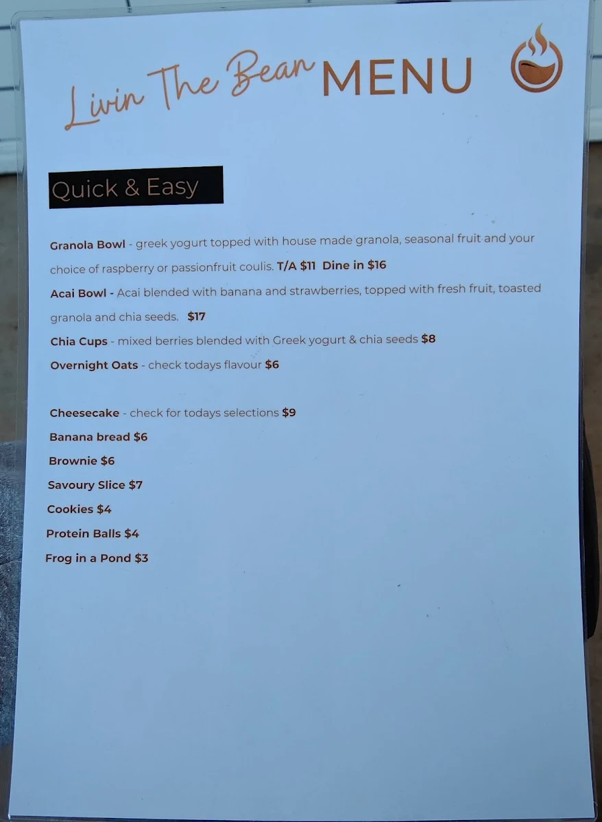 Menu, Livin The Bean cafe