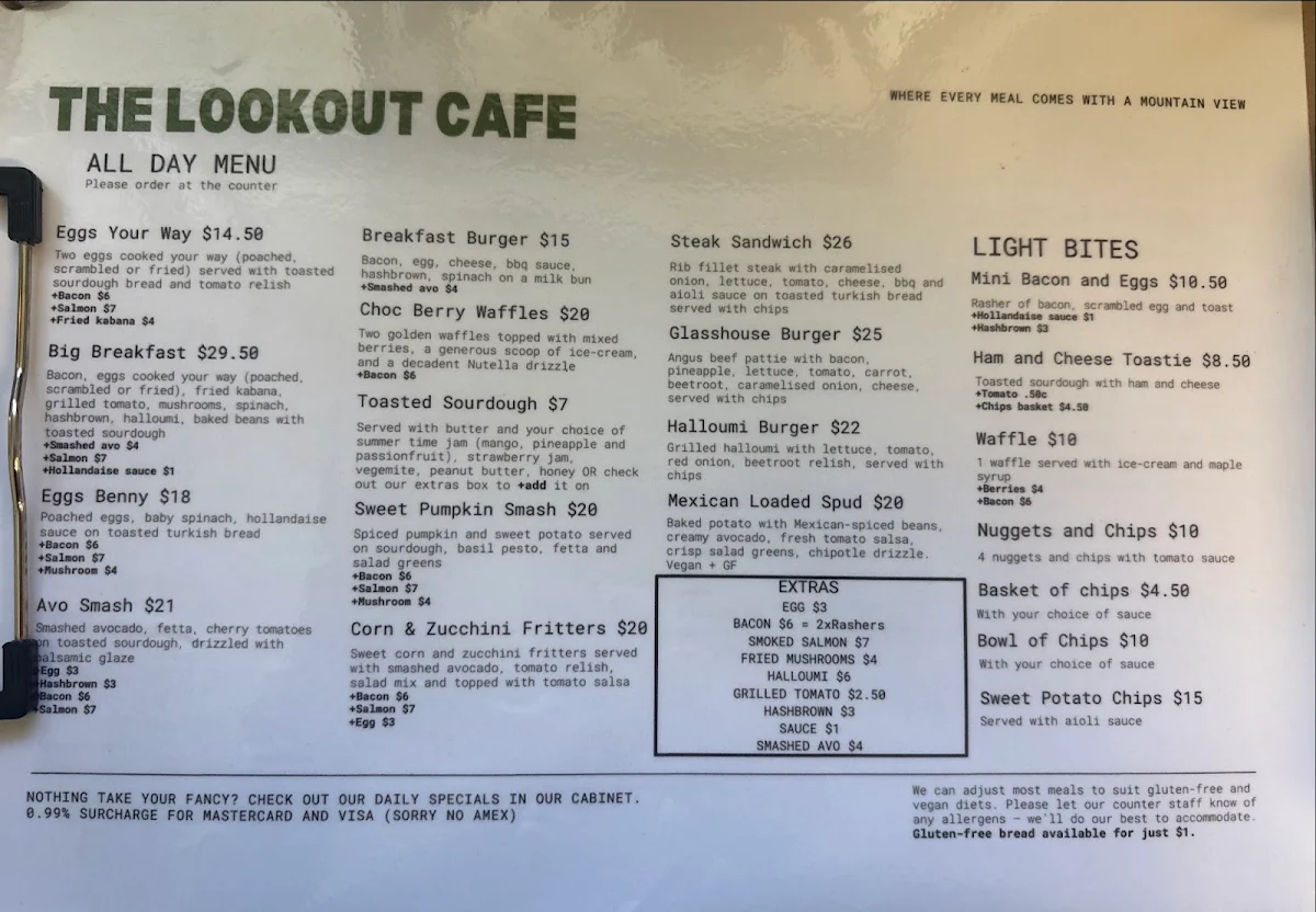Menu, The Lookout Cafe