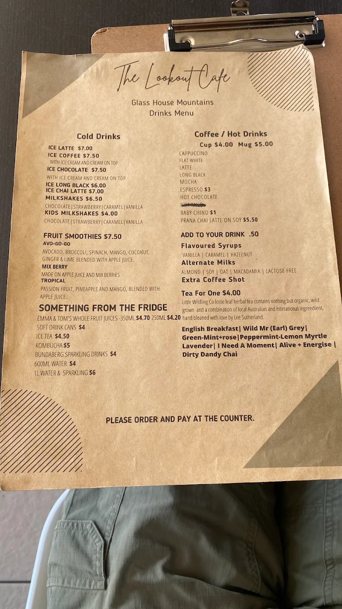 Menu, The Lookout Cafe