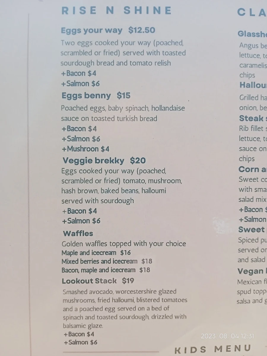 Menu, The Lookout Cafe
