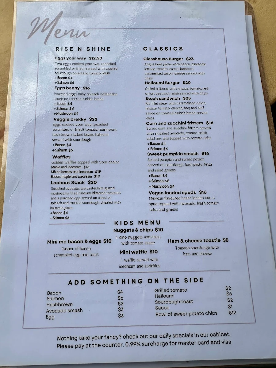 Menu, The Lookout Cafe