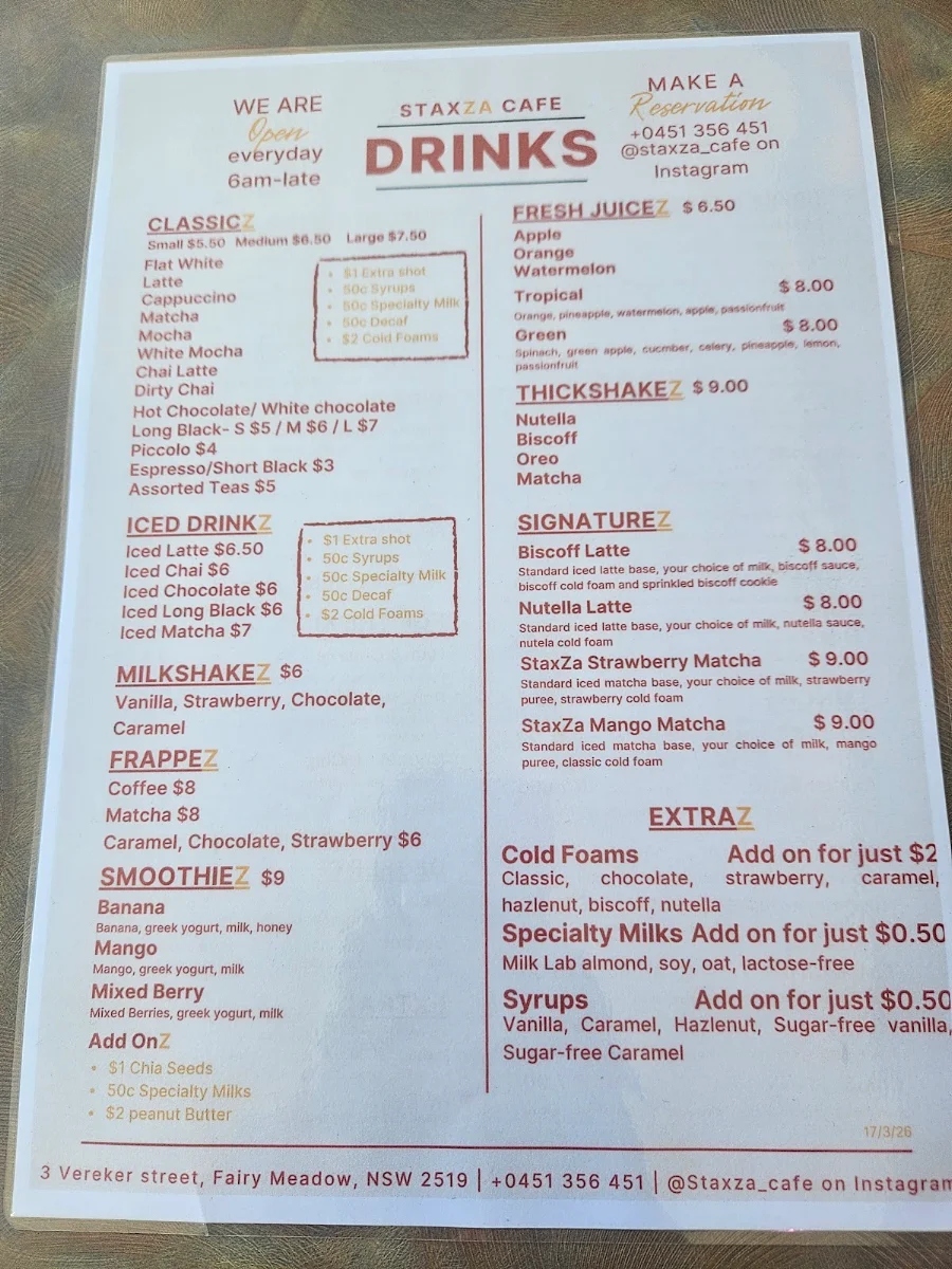 Menu, StaxZa Cafe