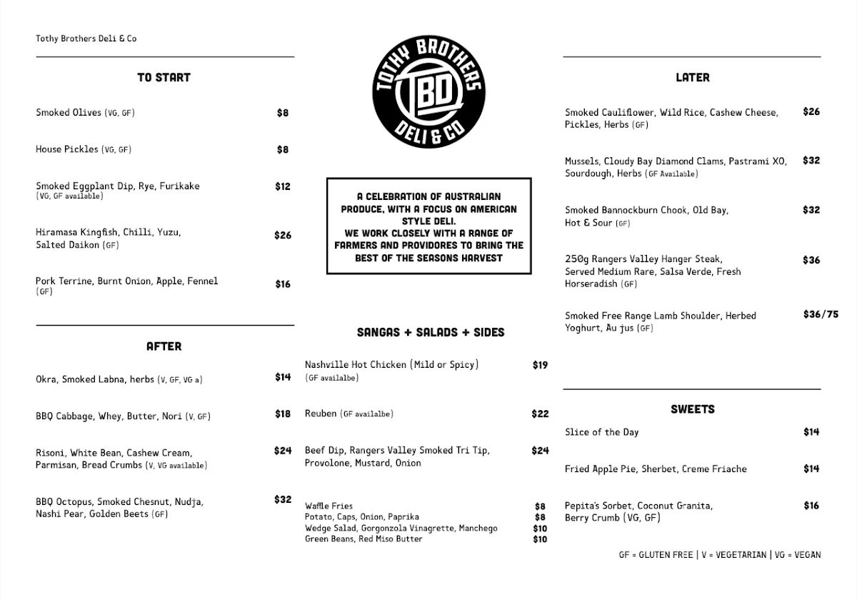 Menu, Tothy Brothers Deli