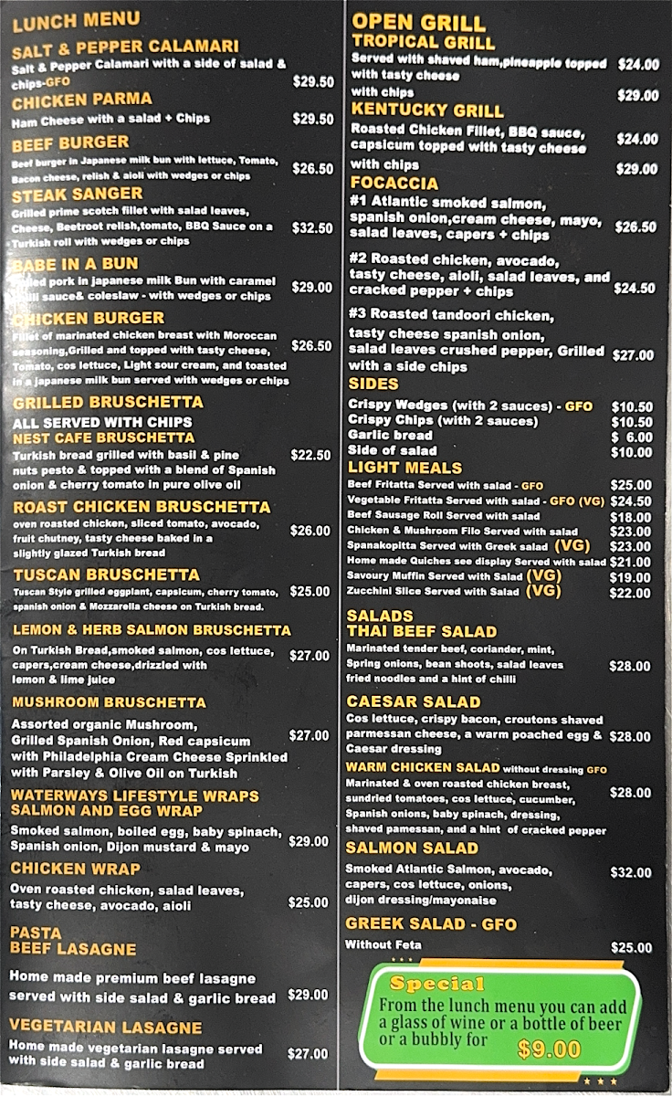 Menu, The Nest At Waterways Cafe