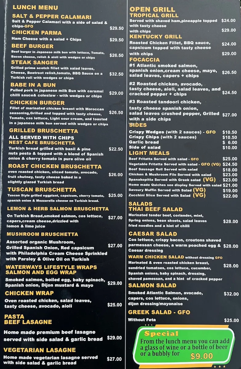Menu, The Nest At Waterways Cafe