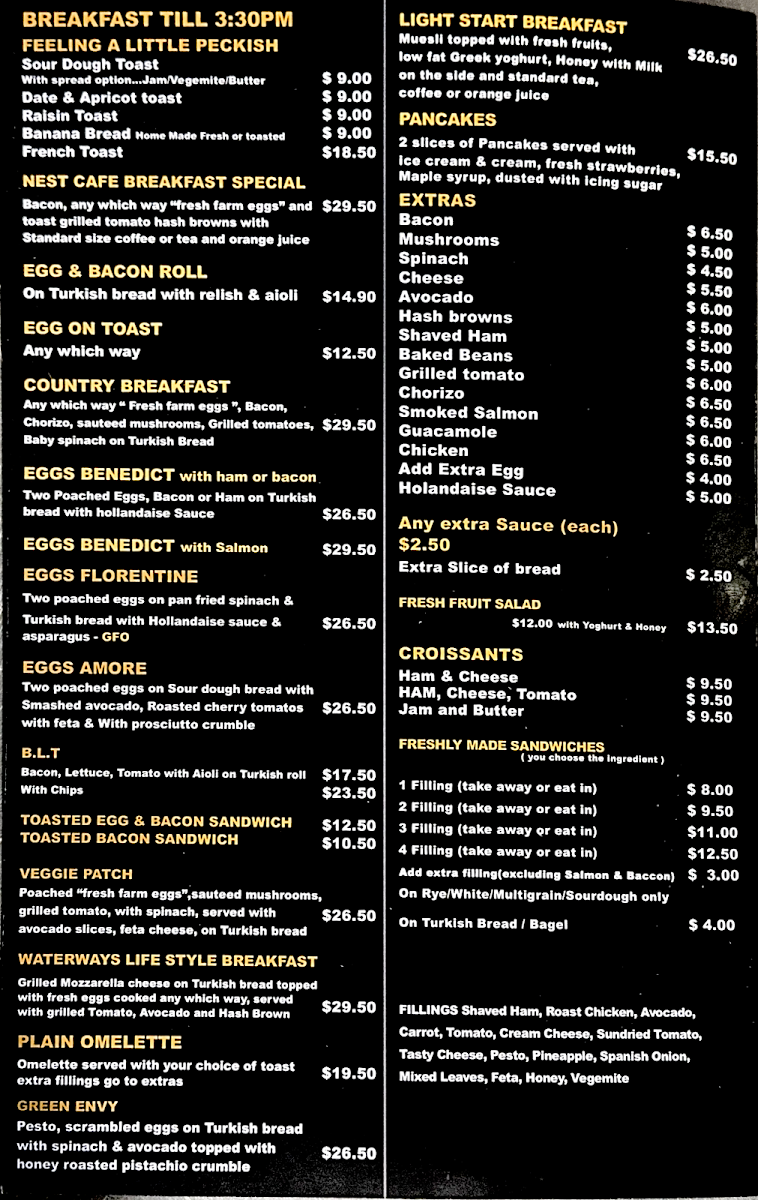 Menu, The Nest At Waterways Cafe