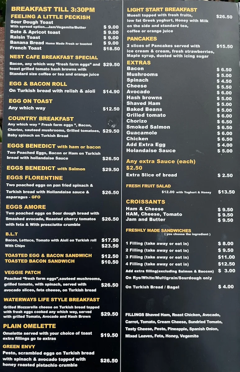 Menu, The Nest At Waterways Cafe