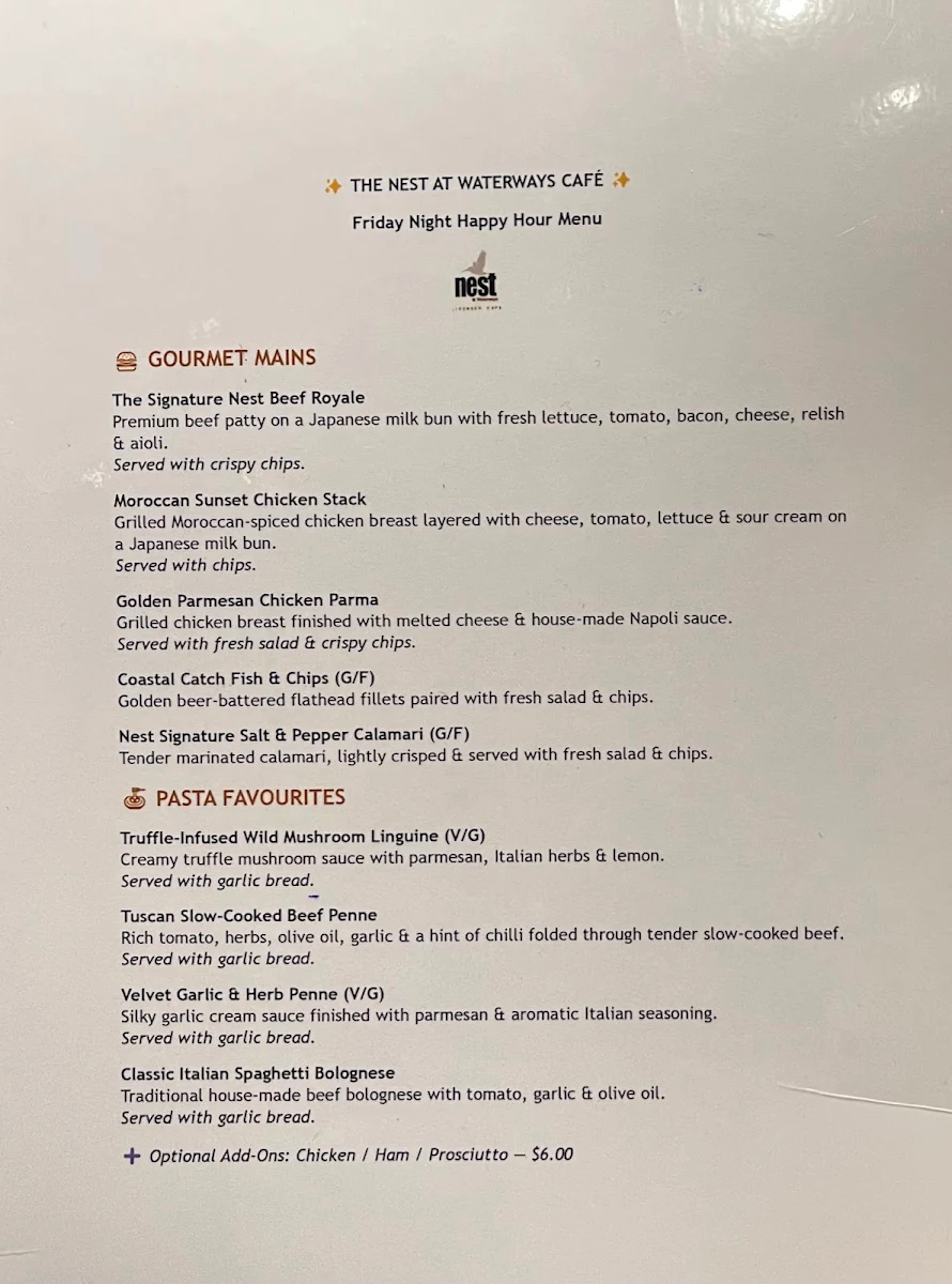 Menu, The Nest At Waterways Cafe