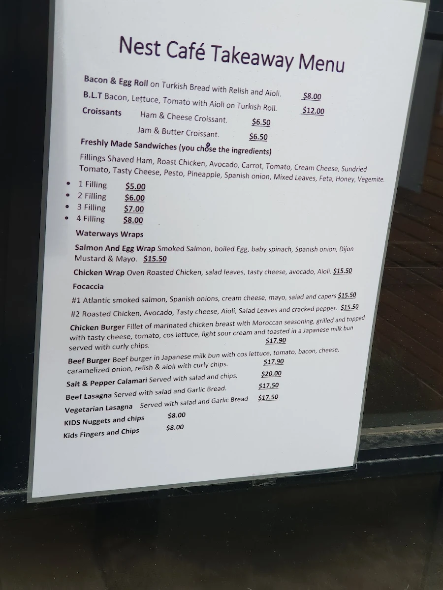 Menu, The Nest At Waterways Cafe