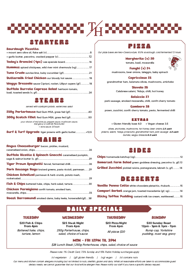 Menu, Toorak Hotel