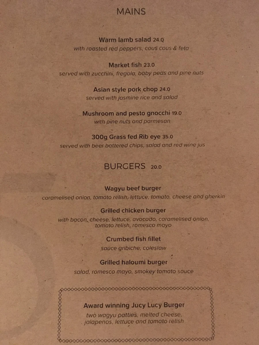 Menu, Toorak Hotel