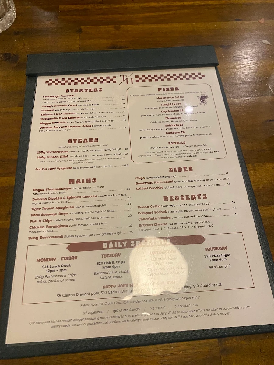 Menu, Toorak Hotel