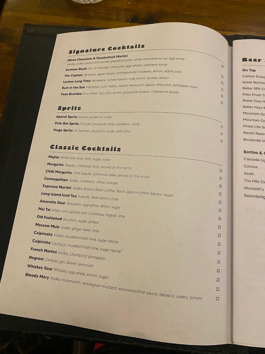 Menu, Toorak Hotel
