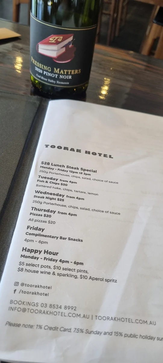 Menu, Toorak Hotel