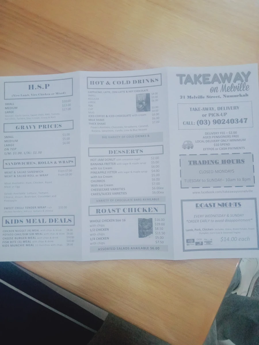 Menu, Takeaway on Melville