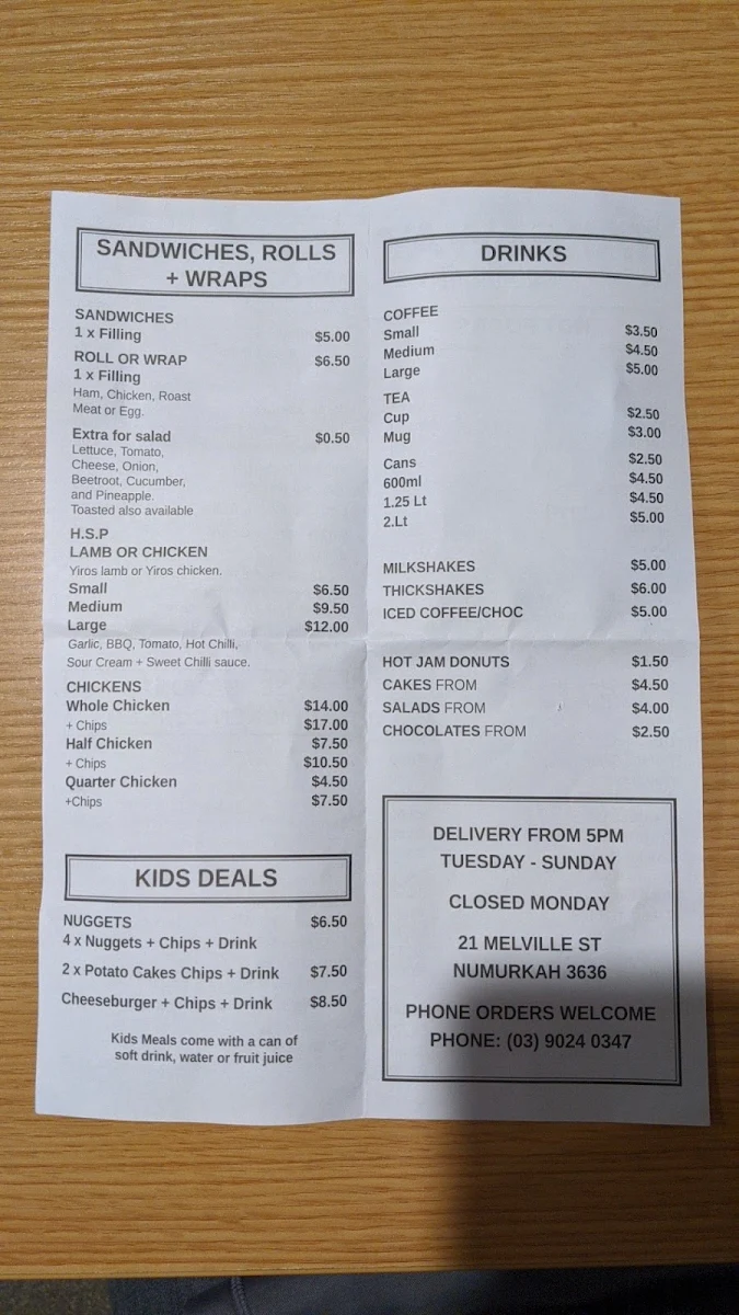 Menu, Takeaway on Melville
