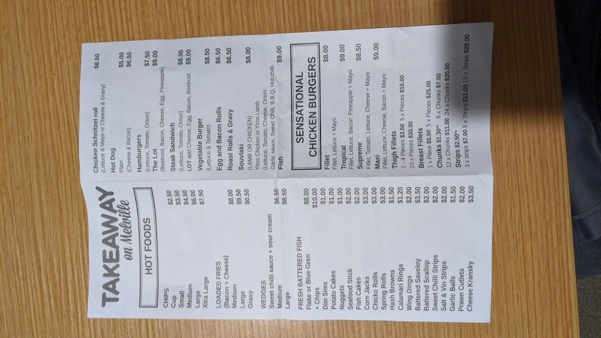 Menu, Takeaway on Melville