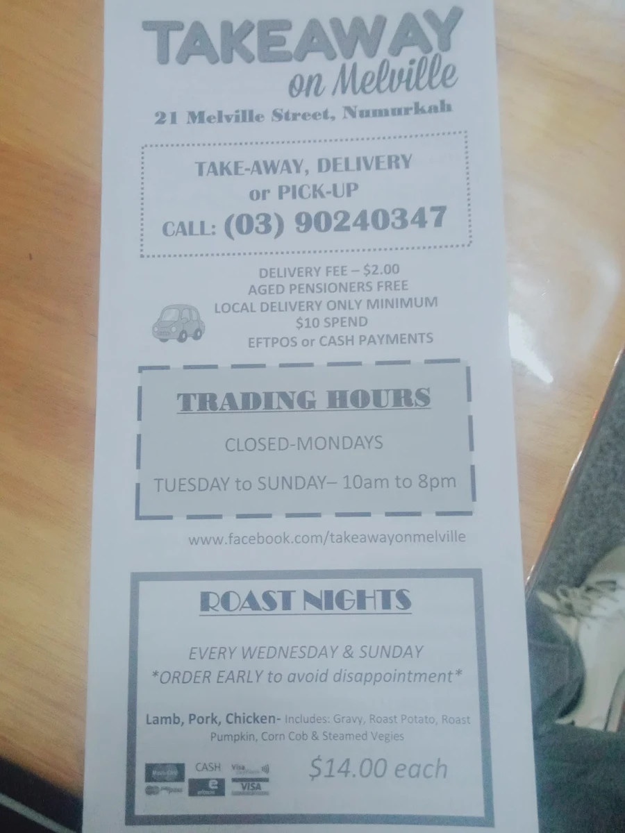Menu, Takeaway on Melville