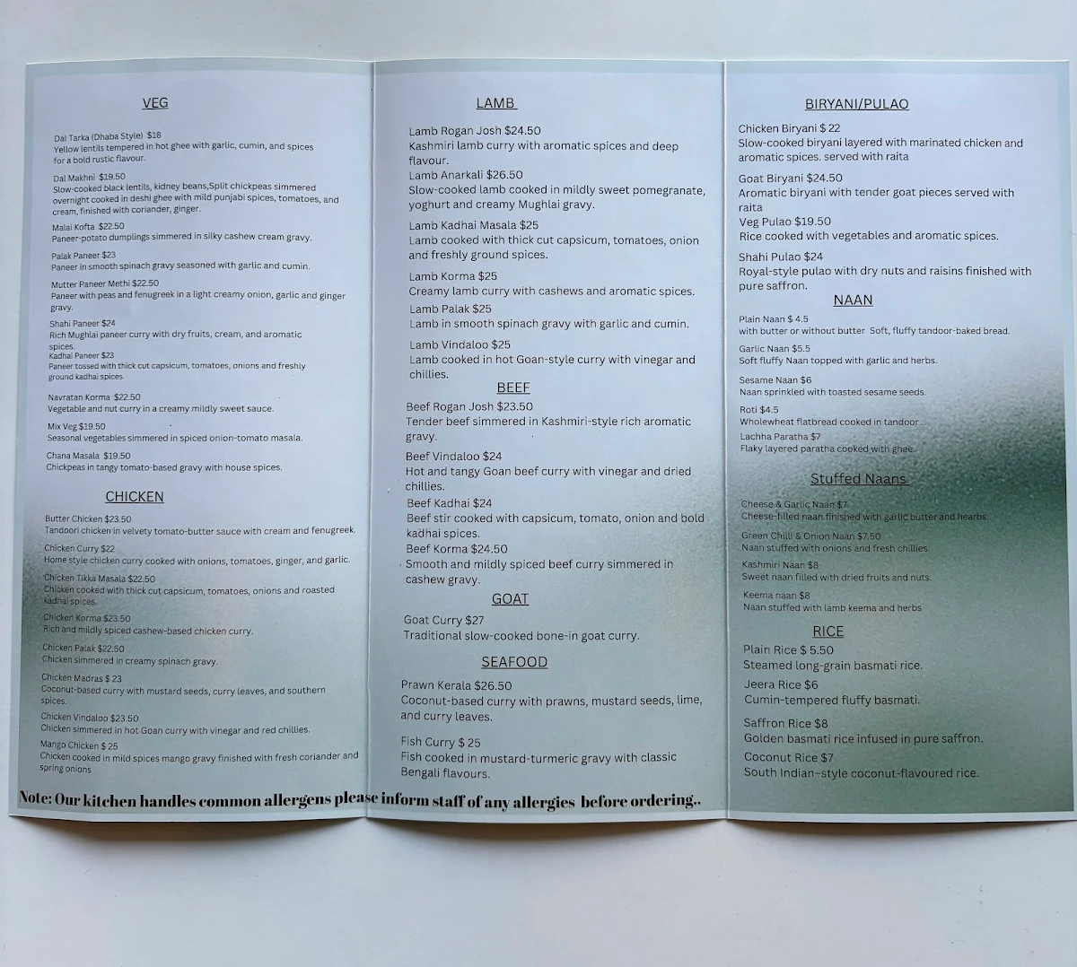 Menu, Indian Ocean