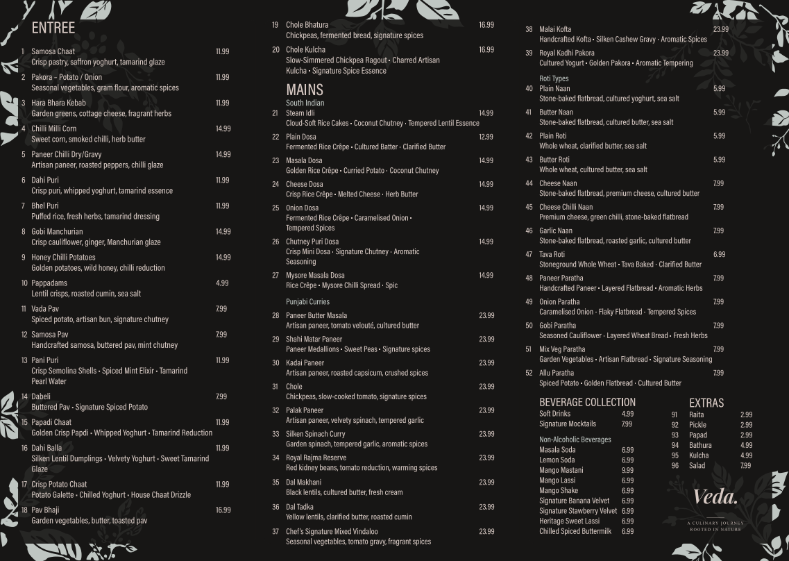 Menu, Veda Restaurant