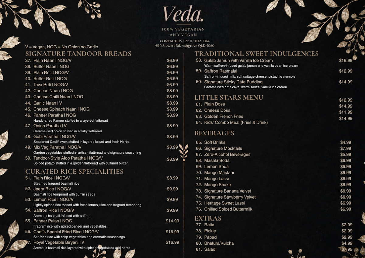 Menu, Veda Restaurant