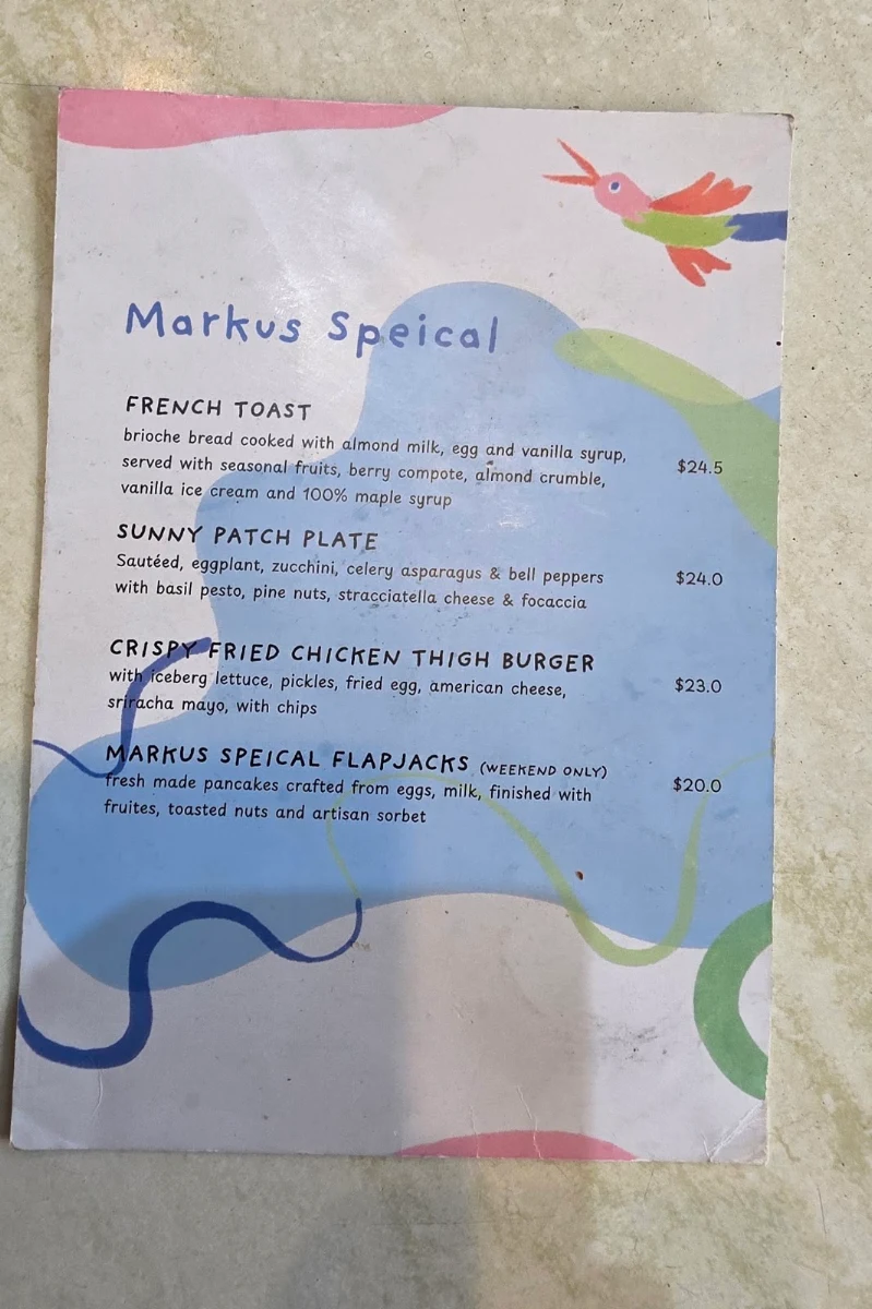 Menu, Cafe Markus Chatswood