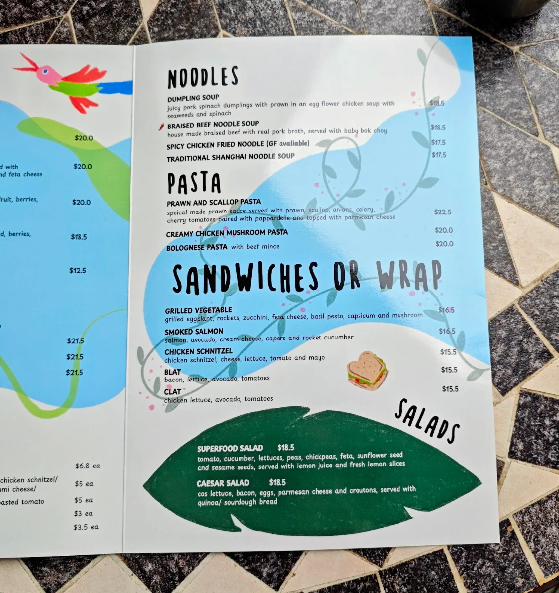 Menu, Cafe Markus Chatswood