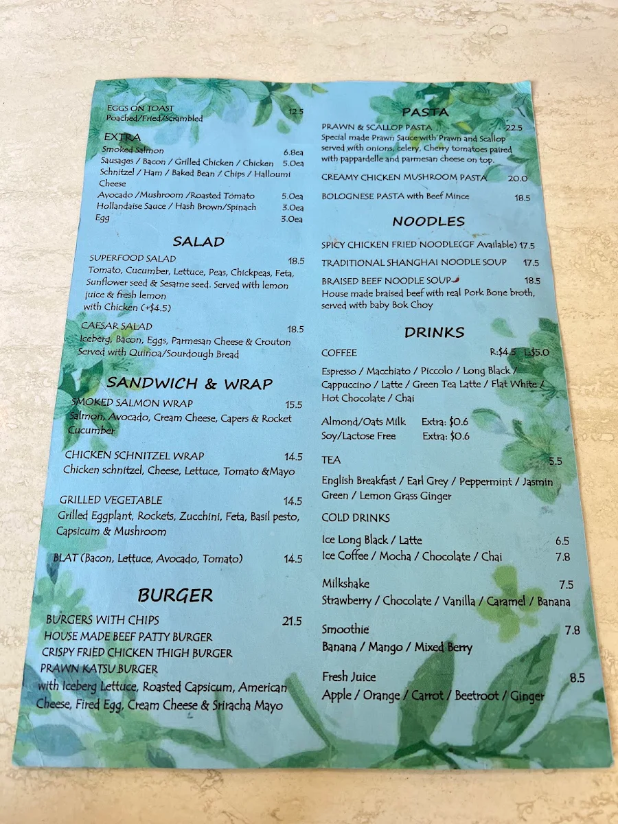 Menu, Cafe Markus Chatswood