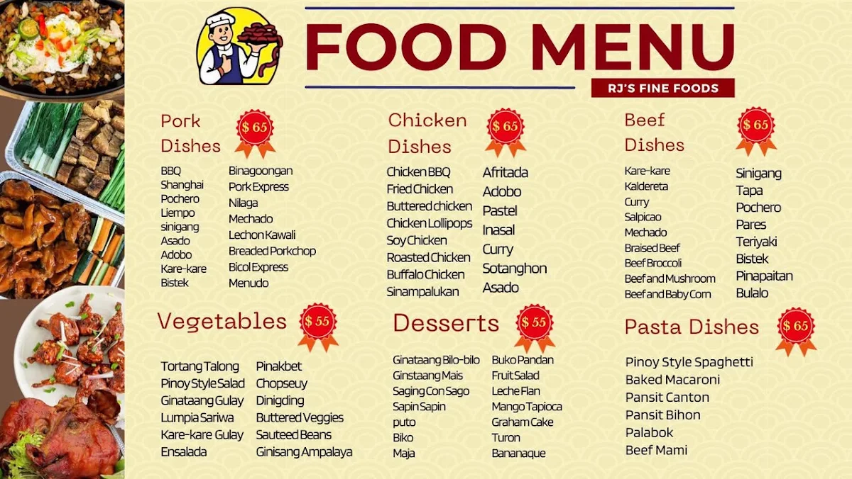 Menu, Rj’s Fine Foods