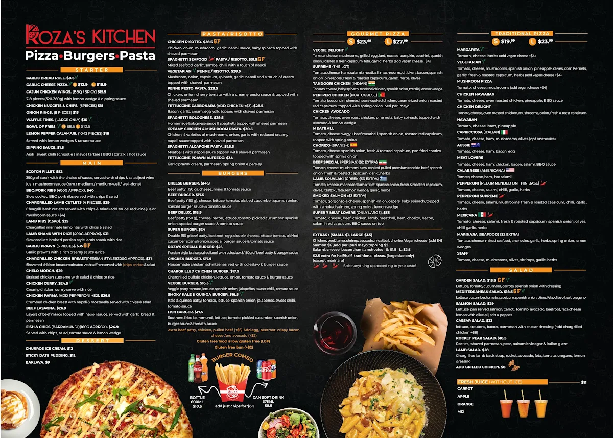 Menu, Roza’s Kitchen - Pizza, Burgers, Pasta