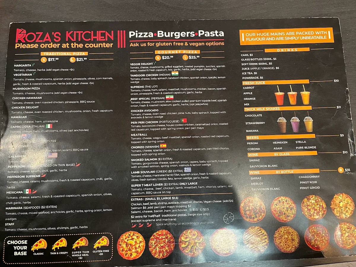 Menu, Roza’s Kitchen - Pizza, Burgers, Pasta