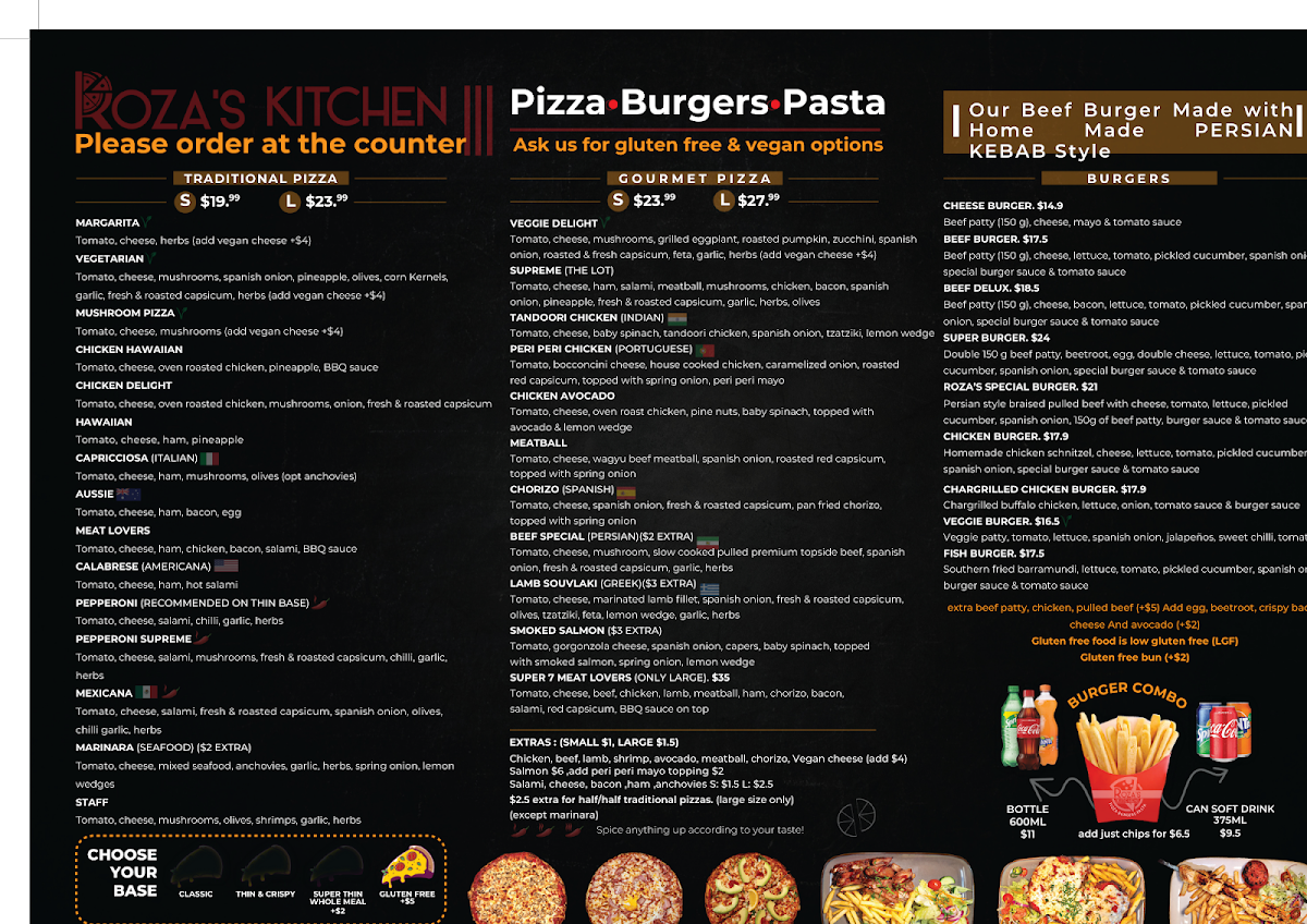 Menu, Roza’s Kitchen - Pizza, Burgers, Pasta