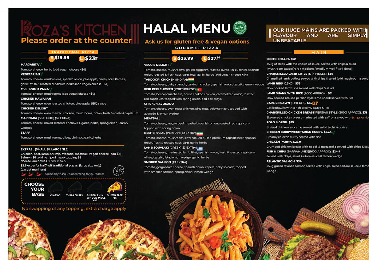 Menu, Roza’s Kitchen - Pizza, Burgers, Pasta