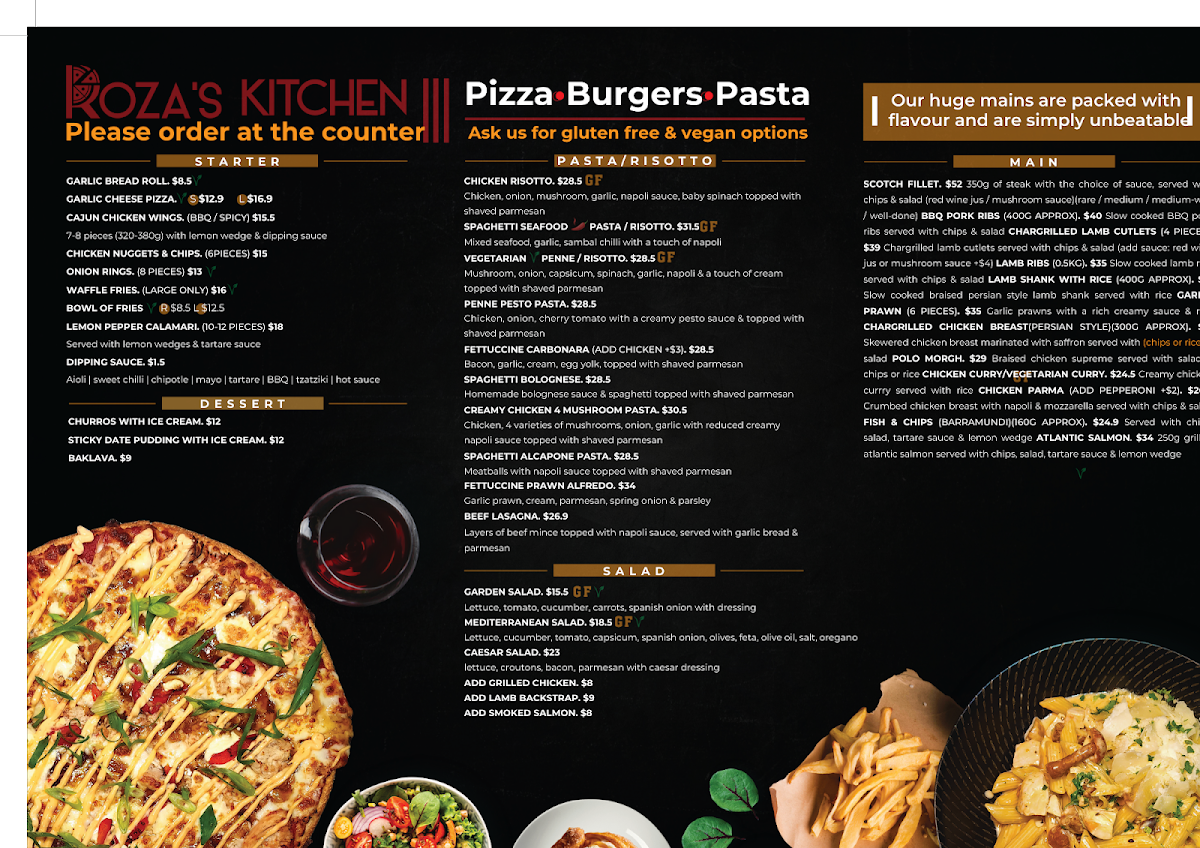 Menu, Roza’s Kitchen - Pizza, Burgers, Pasta