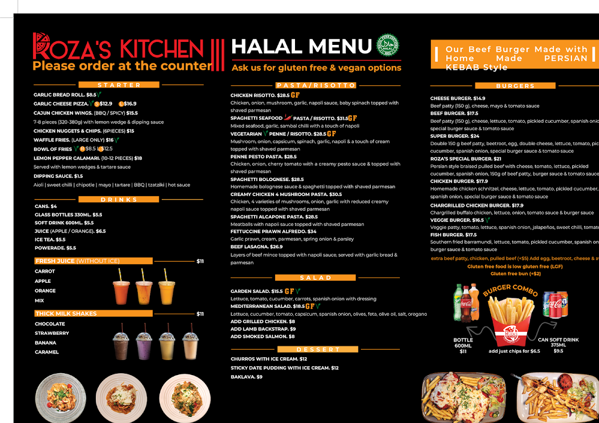 Menu, Roza’s Kitchen - Pizza, Burgers, Pasta