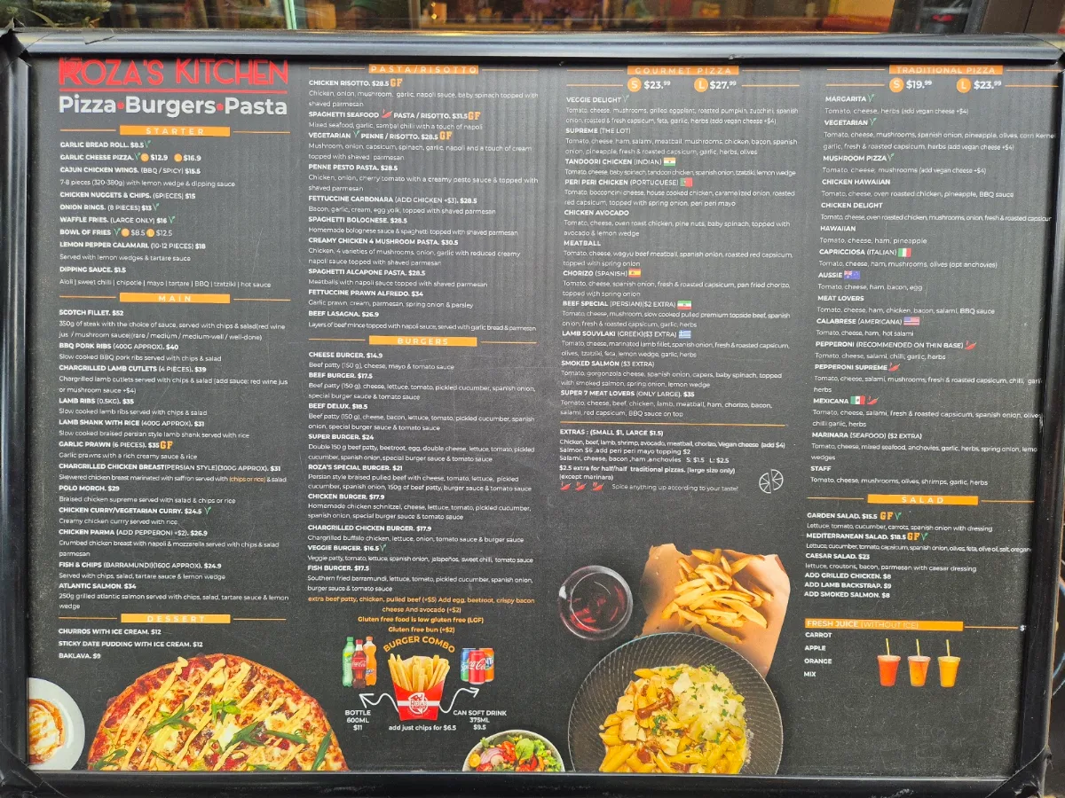 Menu, Roza’s Kitchen - Pizza, Burgers, Pasta