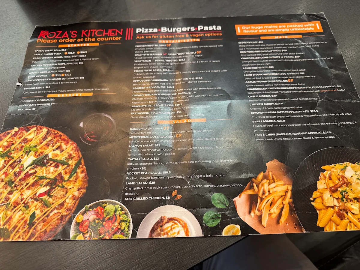 Menu, Roza’s Kitchen - Pizza, Burgers, Pasta
