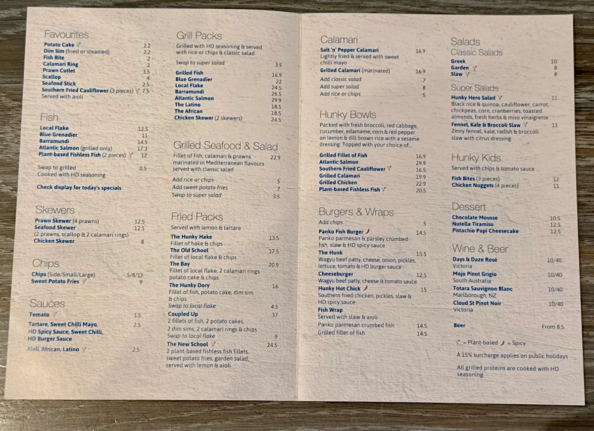 Menu, Hunky Dory Fish & Chips Richmond