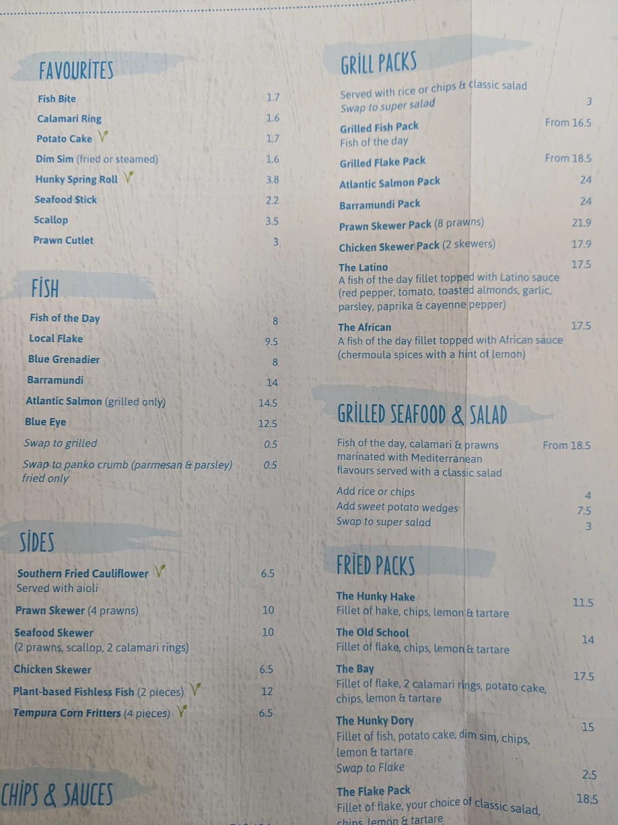 Menu, Hunky Dory Fish & Chips Richmond