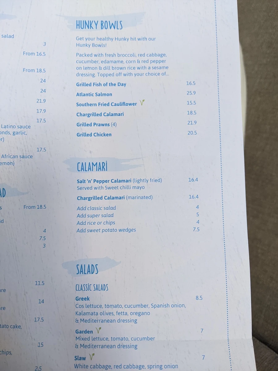 Menu, Hunky Dory Fish & Chips Richmond