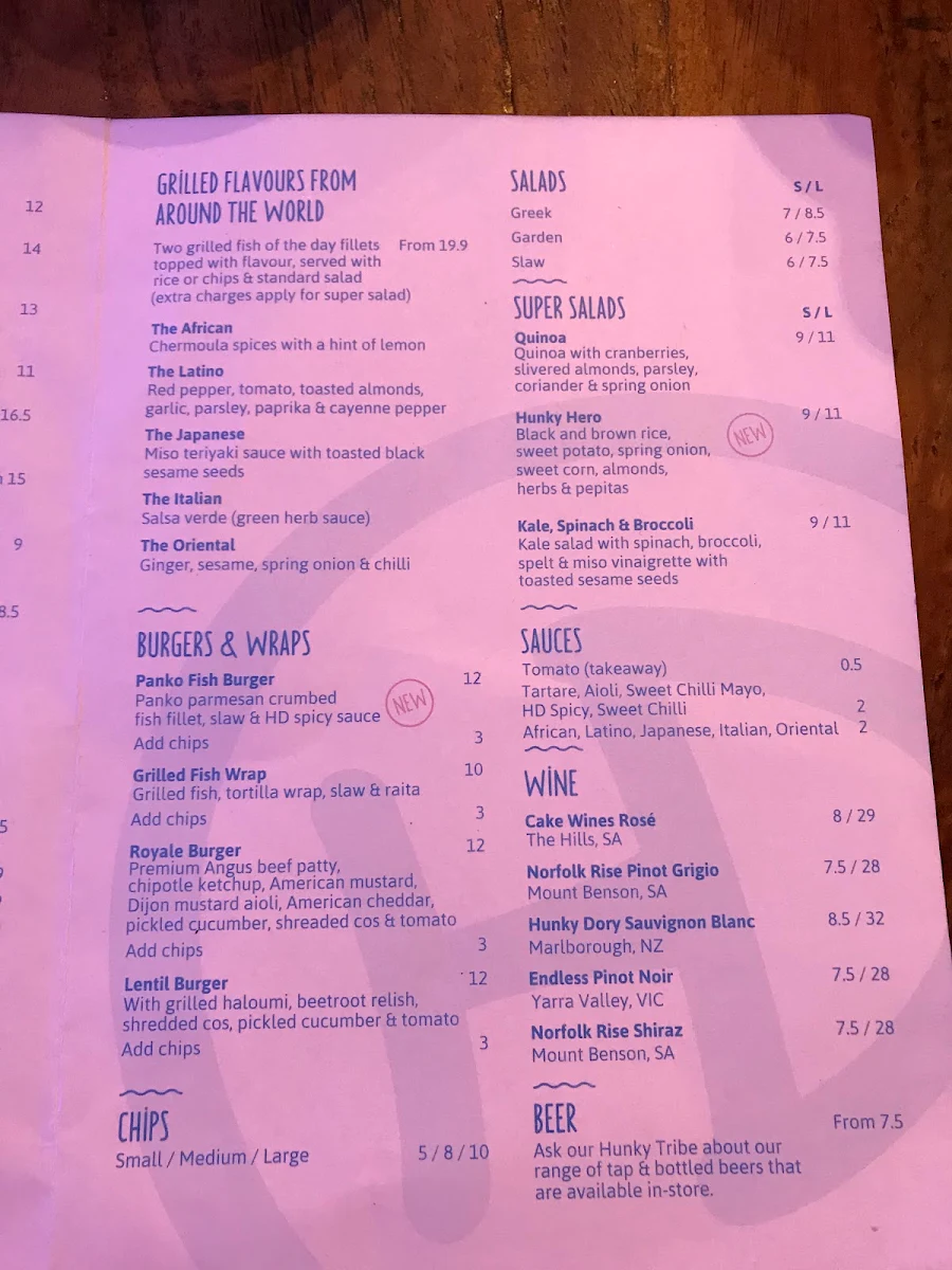 Menu, Hunky Dory Fish & Chips Richmond