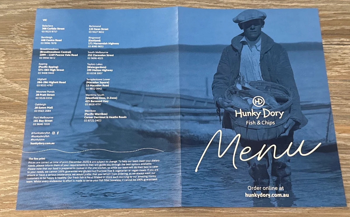 Menu, Hunky Dory Fish & Chips Richmond