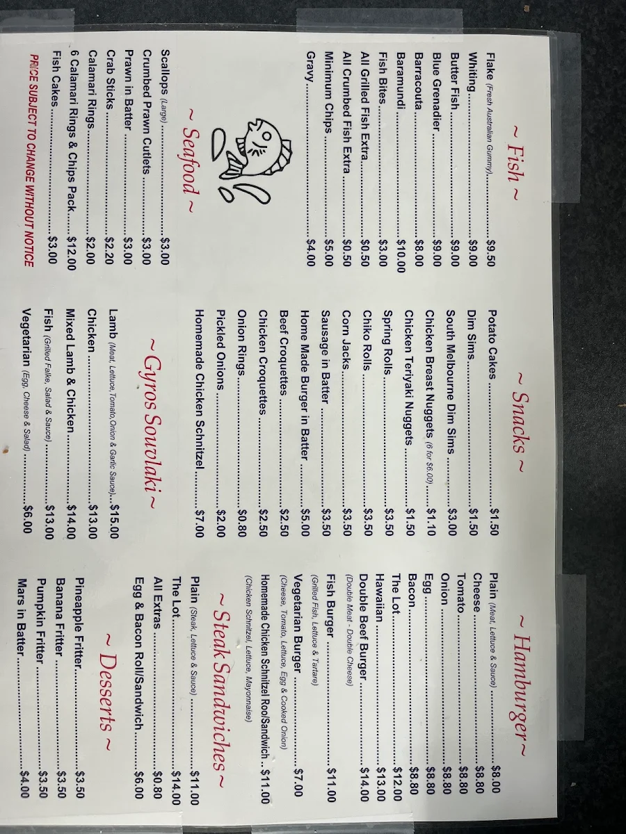 Menu, Coldstream Fish Bites