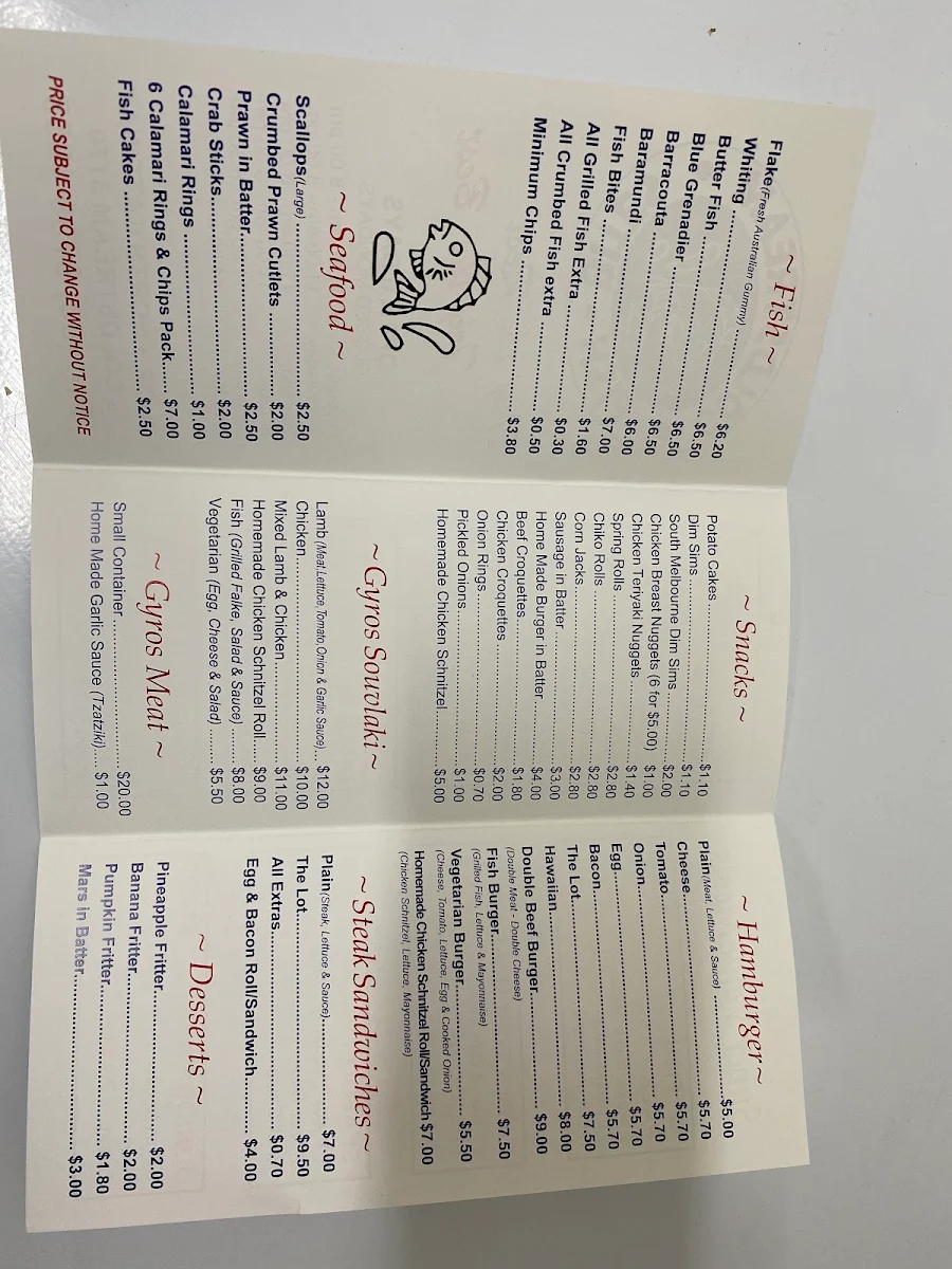 Menu, Coldstream Fish Bites