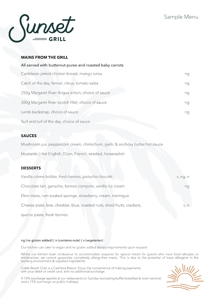 Menu, Sunset Bar & Grill