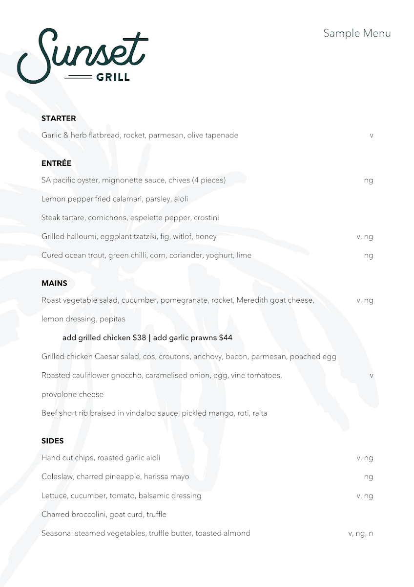 Menu, Sunset Bar & Grill