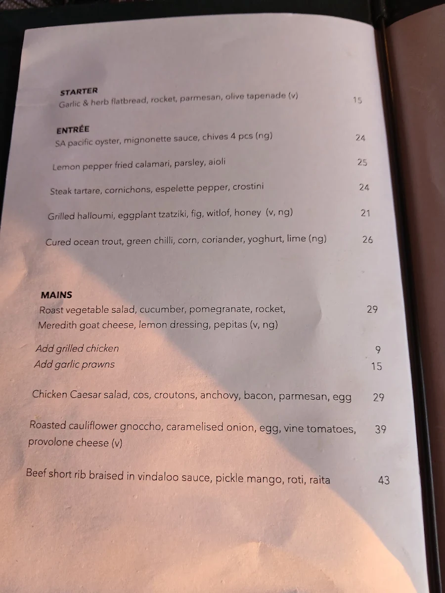 Menu, Sunset Bar & Grill